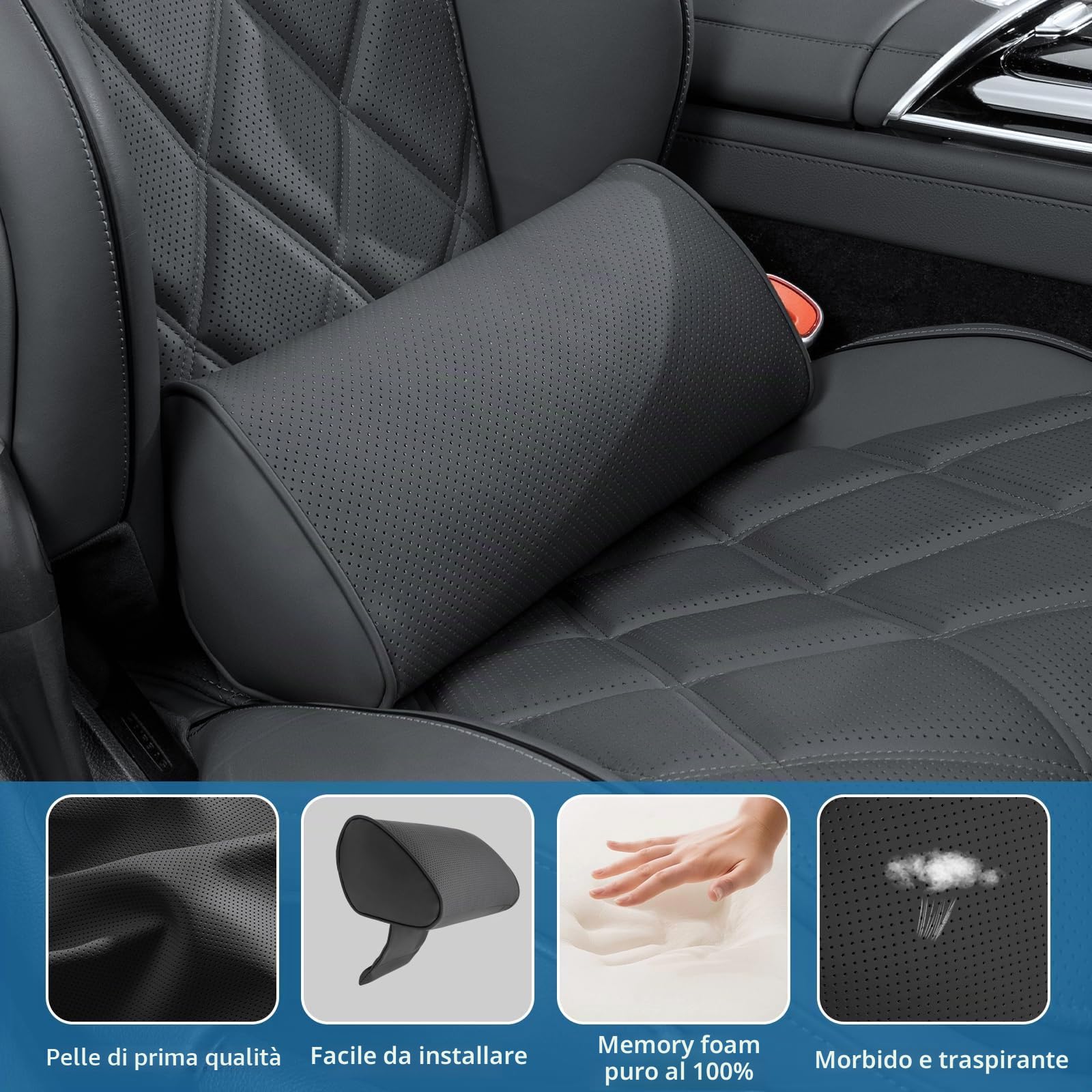 Cuscino Lombare Auto, Cuscino Lombare Ergonomico, Supporto per la Schiena in Schiuma di Memoria per Seggiolino Auto, Sedia da Ufficio, Nero
