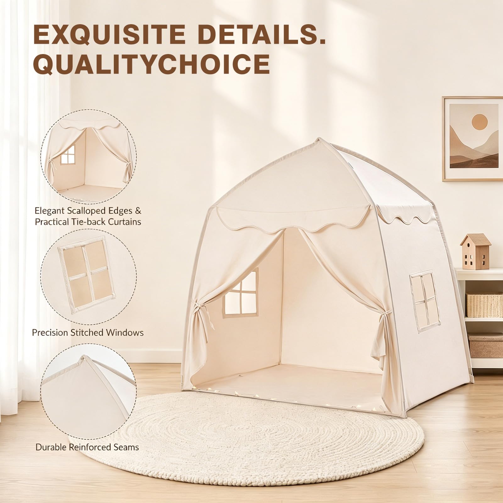 Kinderzelt Indoor Spielhaus Kinder Tipi Zelt für Kinder - Großes Spielzelt Kinder Indoor mit Lichterkette, Faltbar Kinderzelt für Kinderzimmer Oder Garten 150x100x150 cm (Beige)