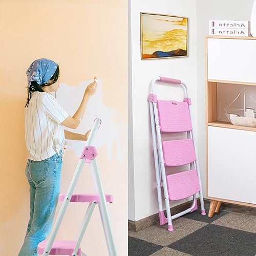 Miniatura 6 de TOOLITIN Escalera de 3 escalones, taburete plegable con pedal antideslizante ancho, escalera de acero resistente de 500 libras, mango cómodo,