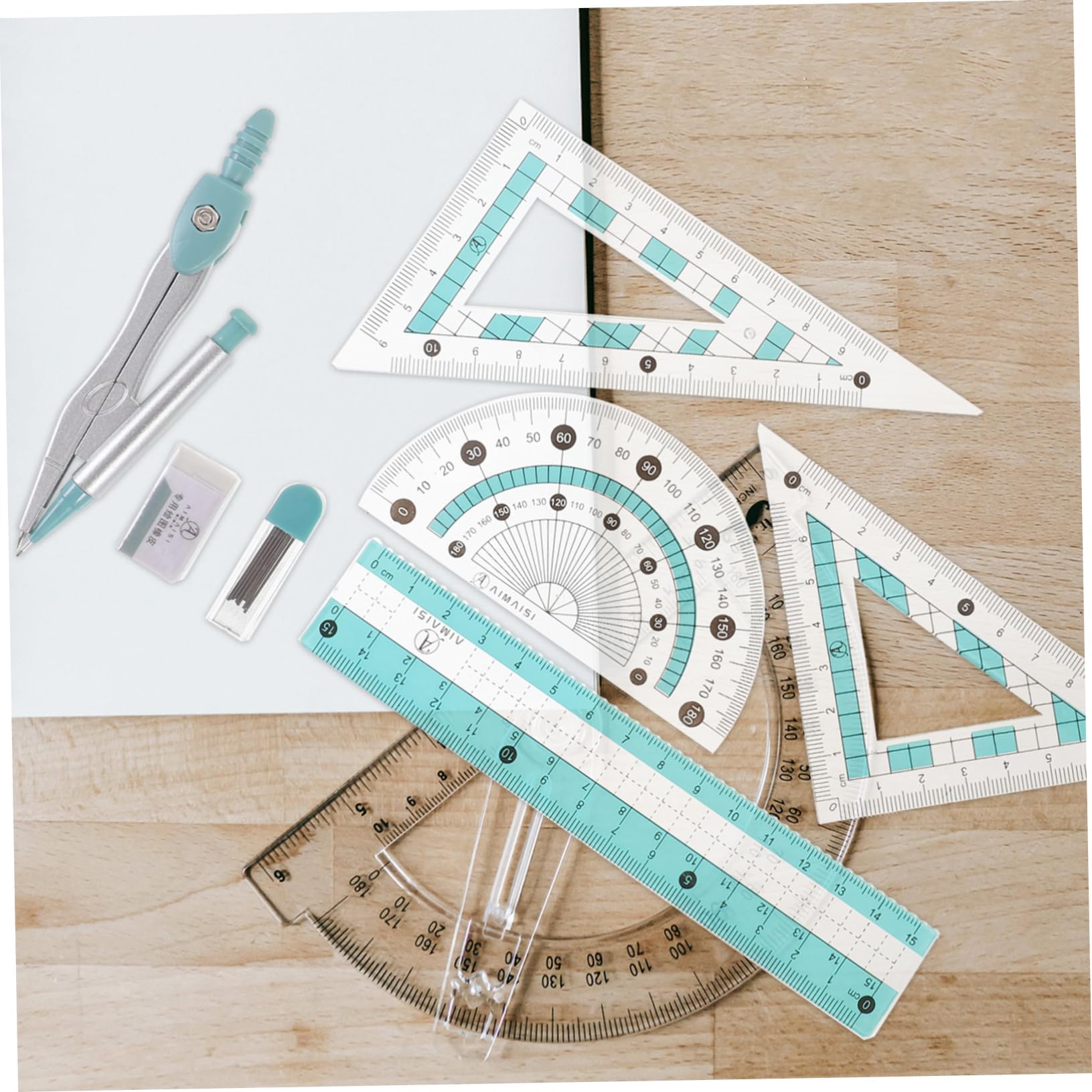 Compas Escolar, Kit de Aprendizaje Completo,7 Piezas Set de Geometría,Juego de Compás Con Ecuadra, Regla, Borrador y Recambios Caja de Kit de Transportador para útiles Escolares y Escolares.