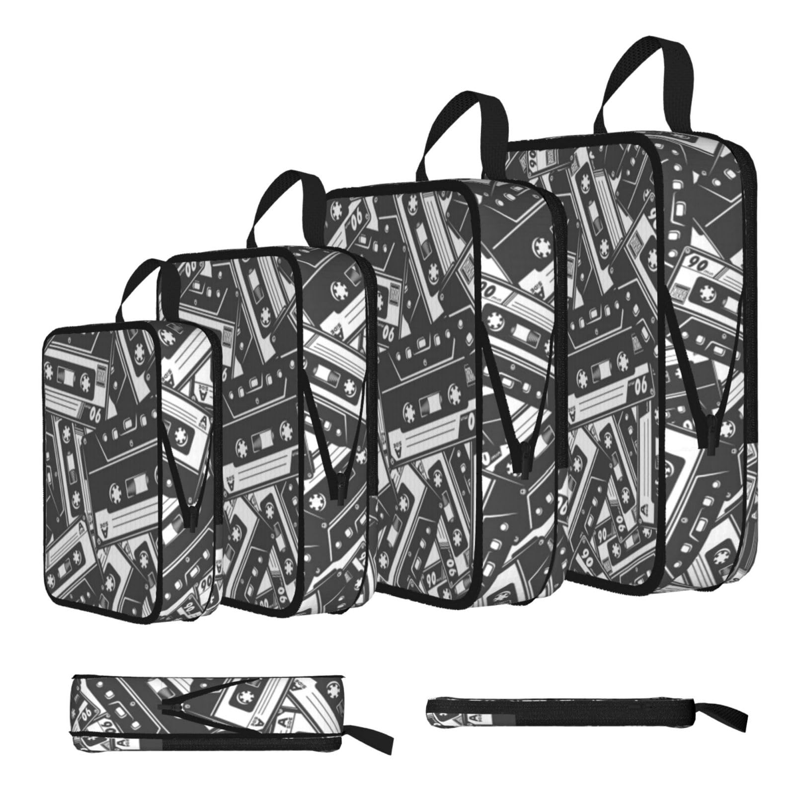 Esnaiuvcd Black Audiotape Print 4 Set Compression Packing Cubes For Suitcases,Expandable Storage Bags Organizers