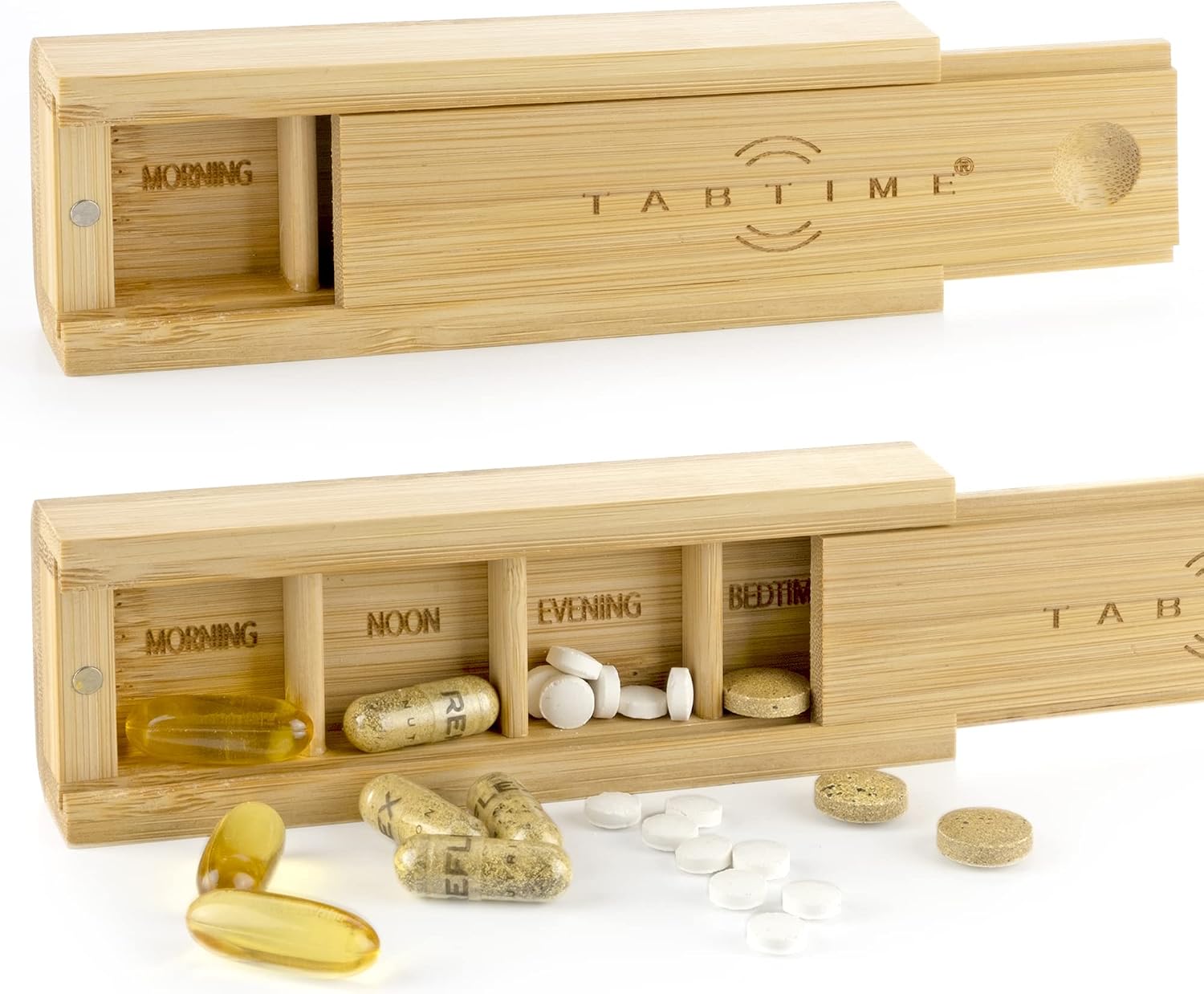 TabTime Bamboo Small Daily Pill Box, 4 Compartment Tablet Organiser, Perfect for Pills and Supplements, Light Brown