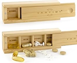 Bamboo Small Daily Pill Box, 4 Compartment Tablet Organiser, Perfect for Pills and Supplements