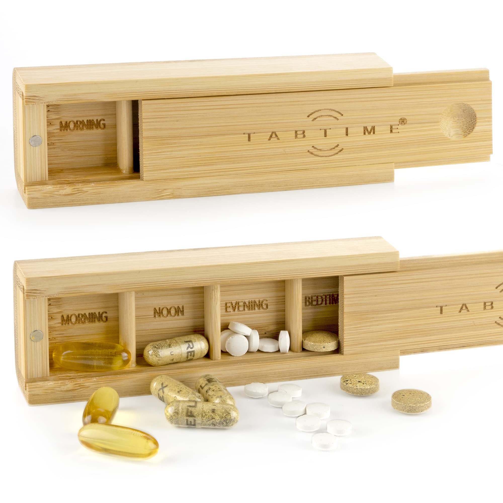 TabTime Bamboo Small Daily Pill Box, 4 Compartment Tablet Organiser, Perfect for Pills and Supplements
