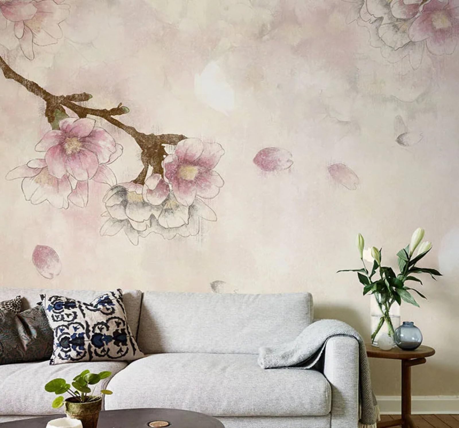 Tzxztt Hand Drawn Minimalist Vintage Pink Peach Blossoms Modern 3D Wallpaper Premium Textured Silk Neutral Tones Material Ideal for Living Room Bedroom-400cm×280cm