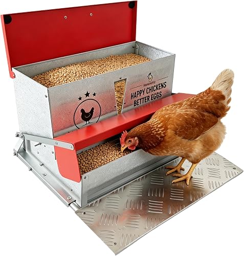 Hsmanchry 40LB Automatic Treadle Chicken Feeder, Rat Proof Galvanized Metal No Waste Feeder for Backyard Flocks