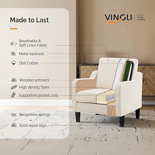 Miniatura 7 de VINGLI Silla decorativa moderna de mediados de siglo, sillas decorativas de tela beige para sala de estar, sillón tapizado, sofá con brazos