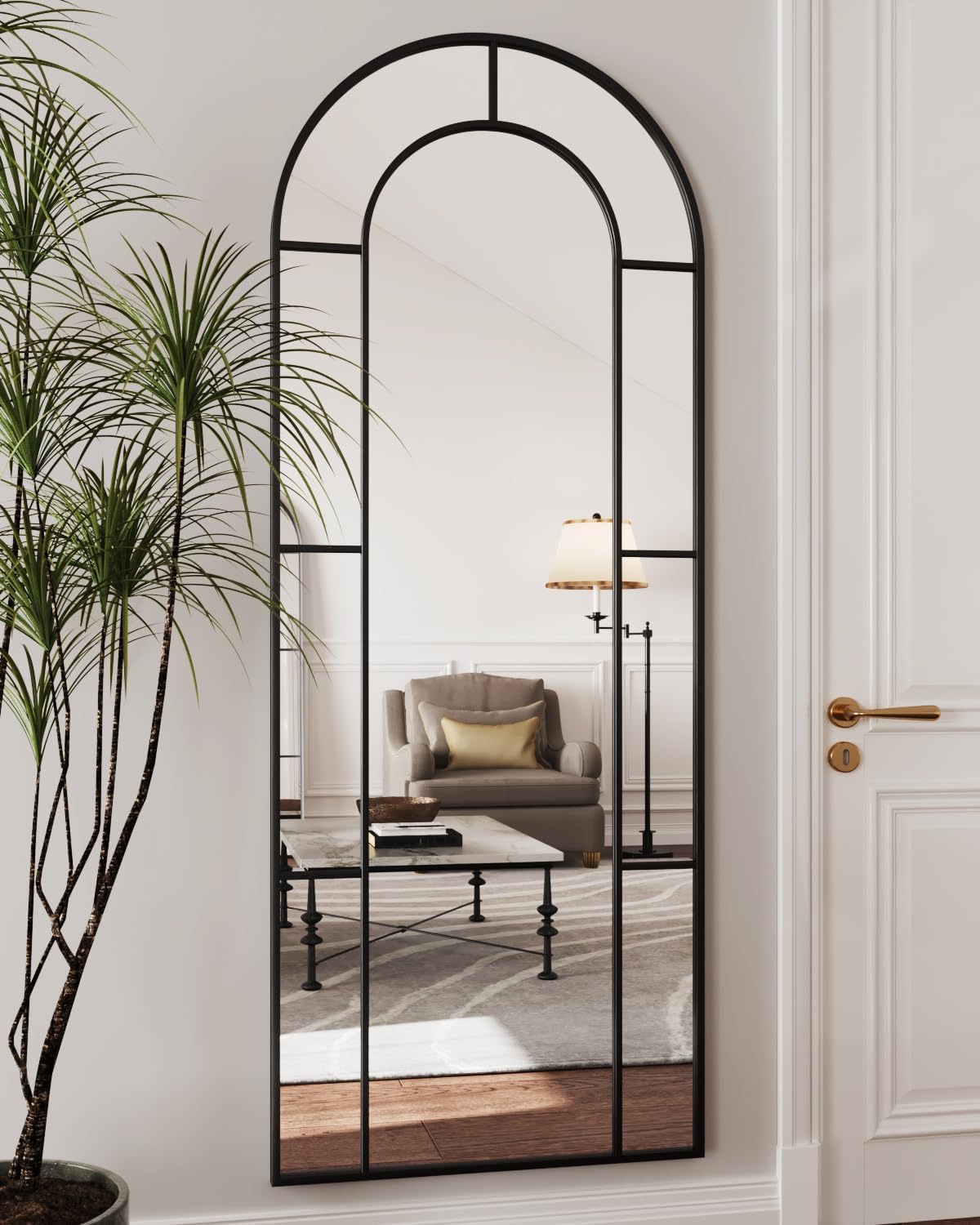 Full Length Mirror, Floor Mirror 65" x 22" Arched Window Decorative Mirror, Metal Framed Decor Farmhouse Floor Mirror Art Pane Mirror Wall Decor for Bedroom, Living Room, Entryway, Black