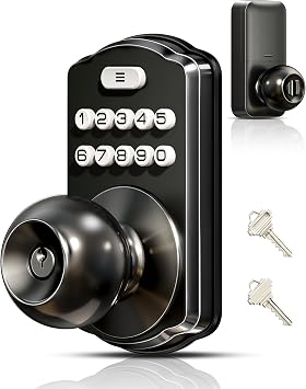 Veise KS03 Keypad Door Knob Lock, Keyless Entry Digital Lock with Handle, Electronic Smart Knob for Front Door & Bedroom, Easy Install, Auto Lock, Passage Mode, Anti-Peeping Password, Matte Black
