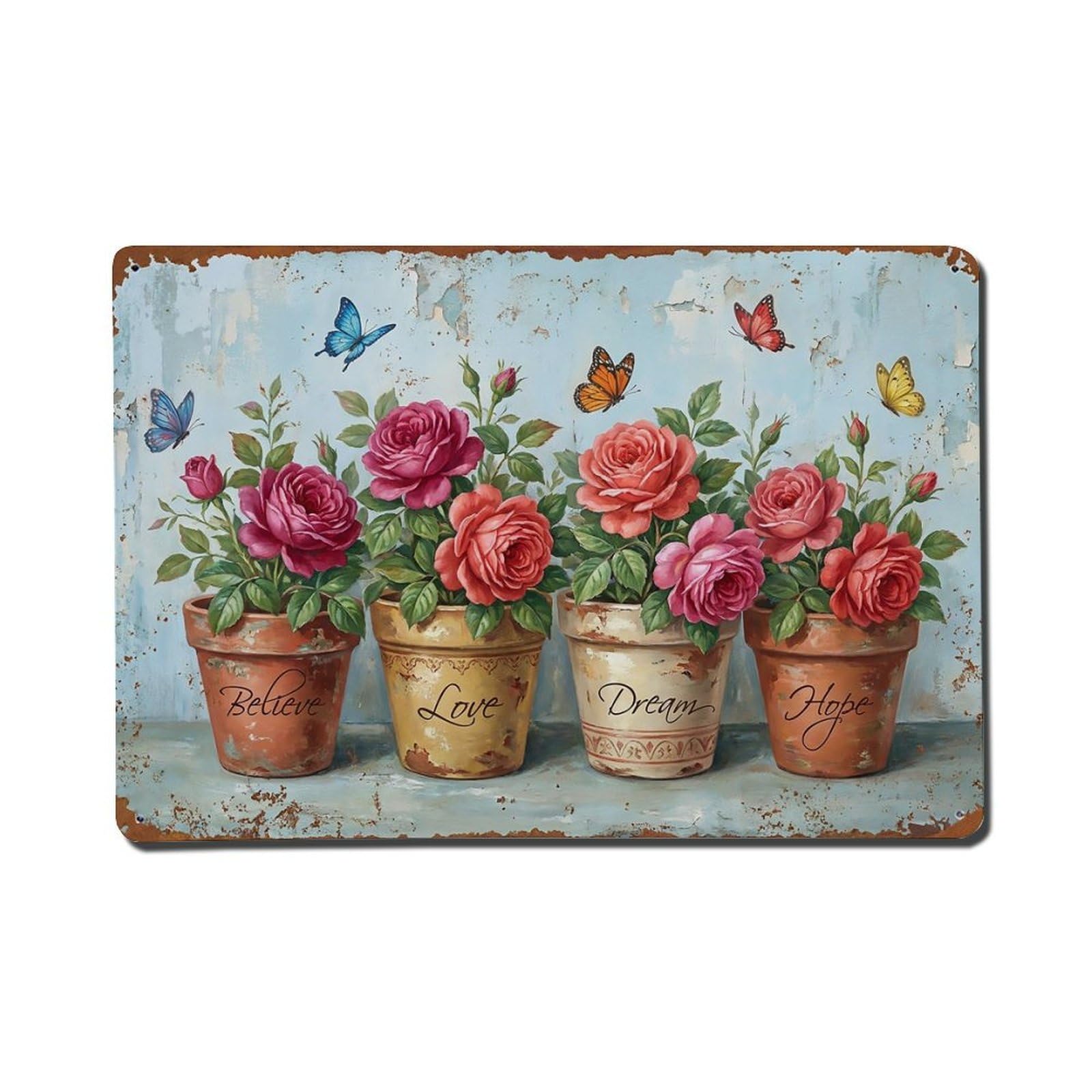 Vintage Rustic Flower Potted Plants Rose Metal Tin Sign