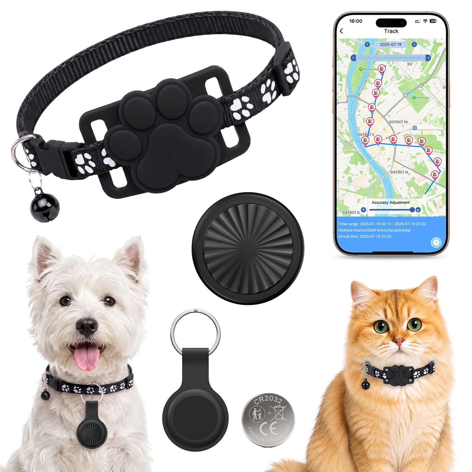 Localizador GPS Gatos y Perros,Collar GPS Gatos Compatible con iOS y Android,Sin Suscripción,Posicionamiento Global,Historial de Rutas de 7 Días,IP67 Impermeable,Collar Ajustable,para Gatos y Perros