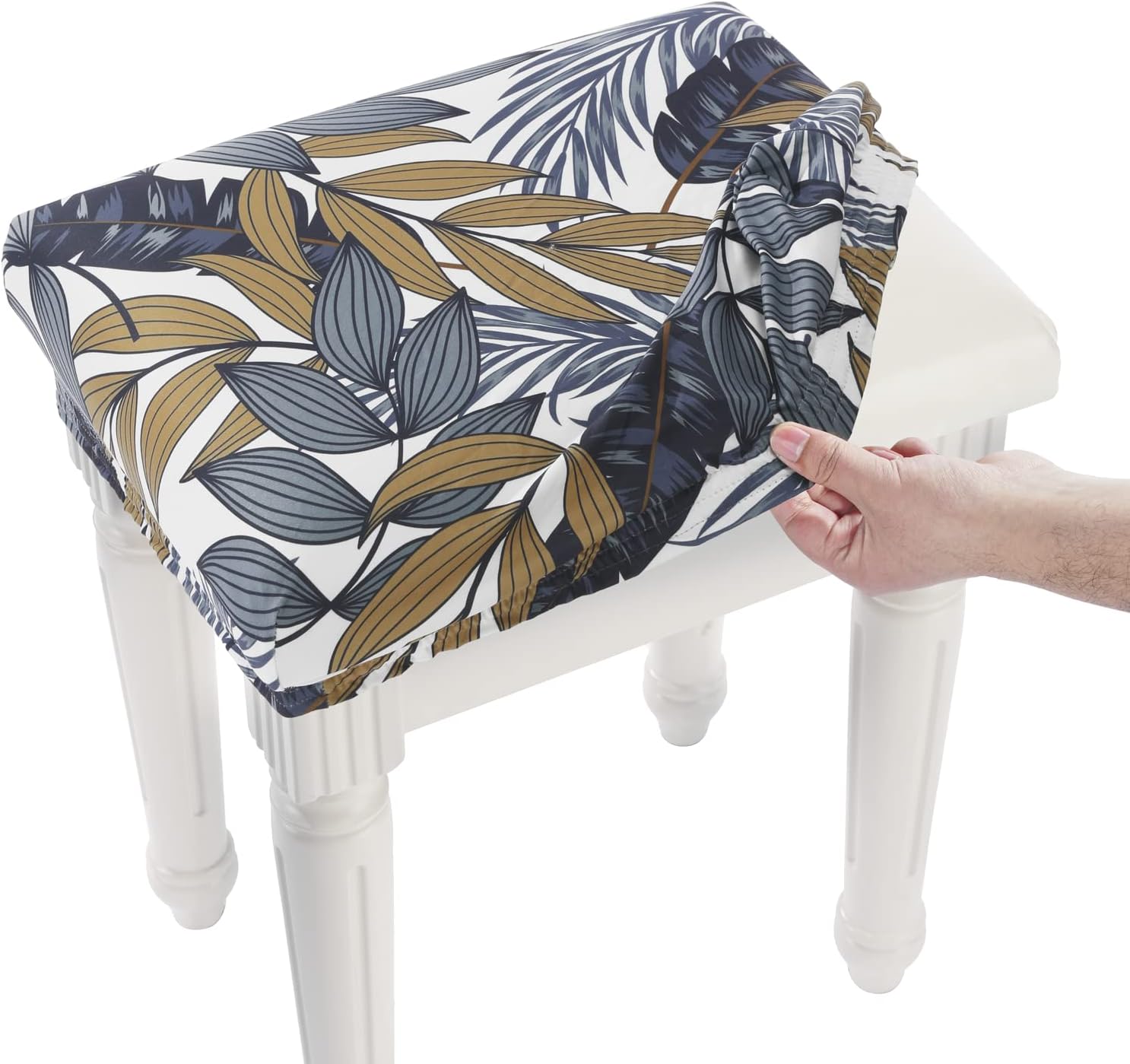 BUYUE Cotton Feel Print Fabric Vanity Bench Cover, (15"- 19.5") L x (11.8"- 15.7") W Saddle Bar Stool Slipcover Stretch Washable, (XS, Blue Leaf)
