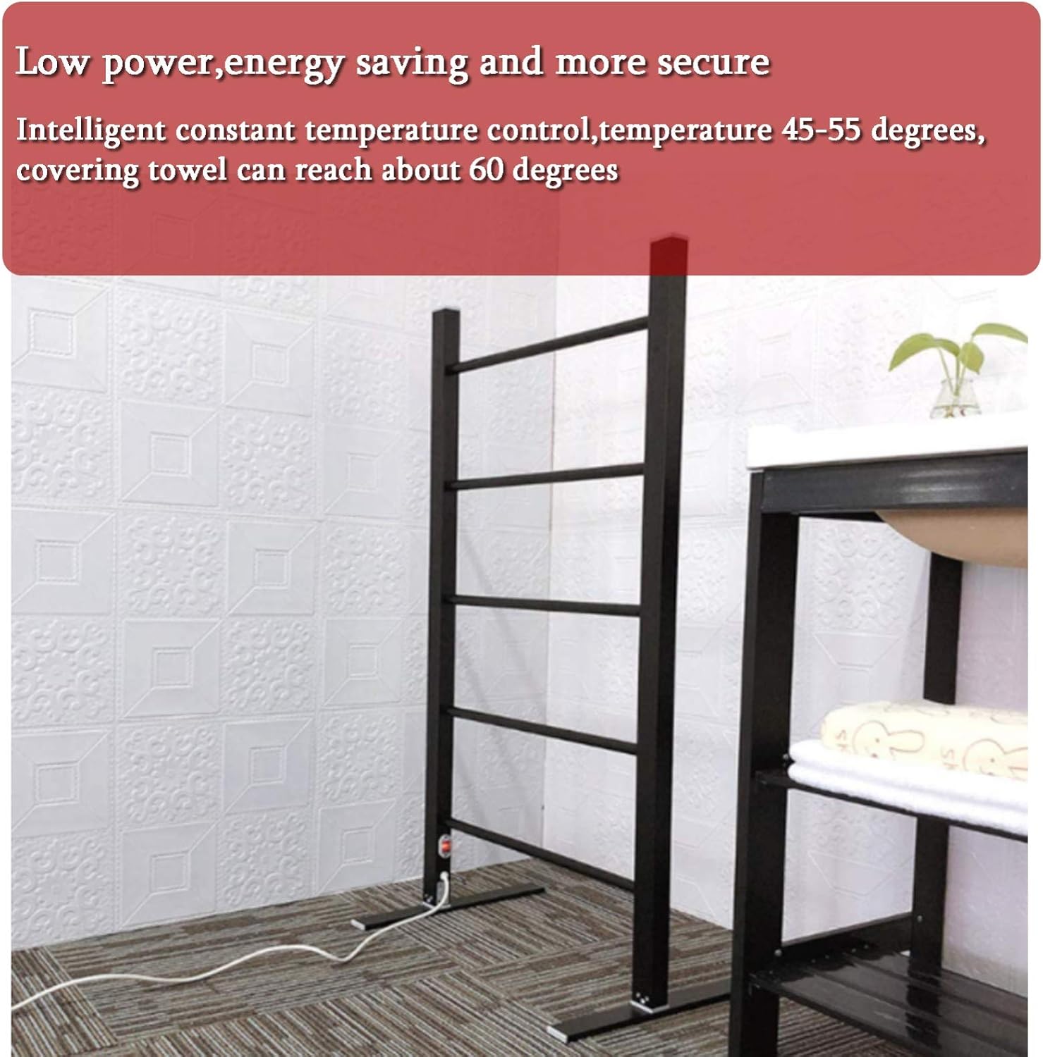 Standing Electric Towel Heated Towel Rail Warmer Low Energy 100W Quick Heating Portable Shelf Black-