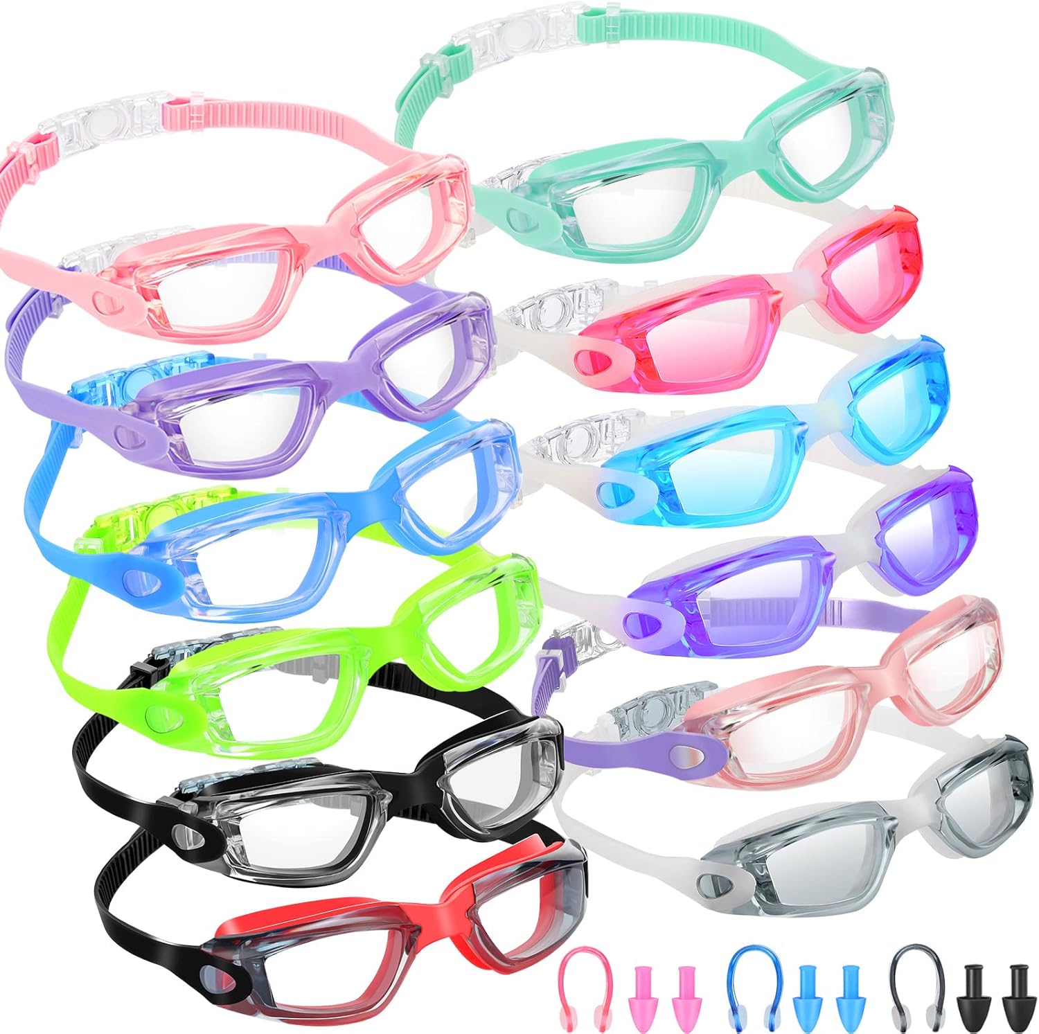 Xuhal 12 Pack Swim Goggles for Adult Anti Fog Swimming Glasses Leak Proof Swim with 12 Waterproof Nose Clips