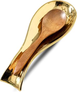 Ceramic Spoon Rest for Stove Top, Large 8.7 Inch Spoon Holder for Kitchen Counter, Porcelain Utensil Rest for Ladle, Spatula, Tongs, Housewarming Gift, Dishwasher Safe and Heat-Resistant, Gold1 PC