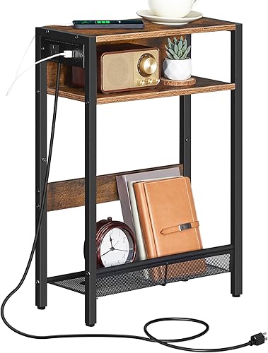 Mesa auxiliar estrecha con estación de carga, mesa auxiliar pequeña, mesita de noche delgada para espacios pequeños, mesita de noche delgada con