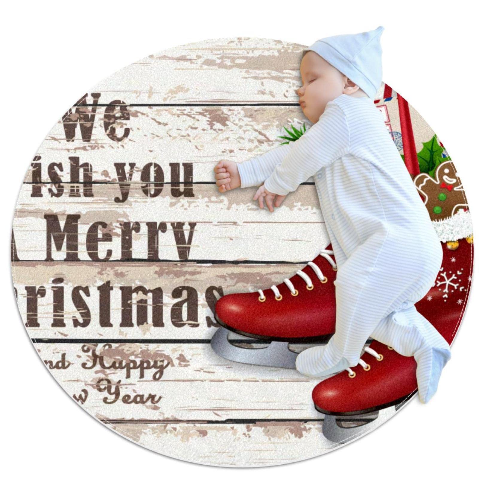 Tapis rond déco de Noël pour canapé et chambre avec motif de patins d'hiver rustiques