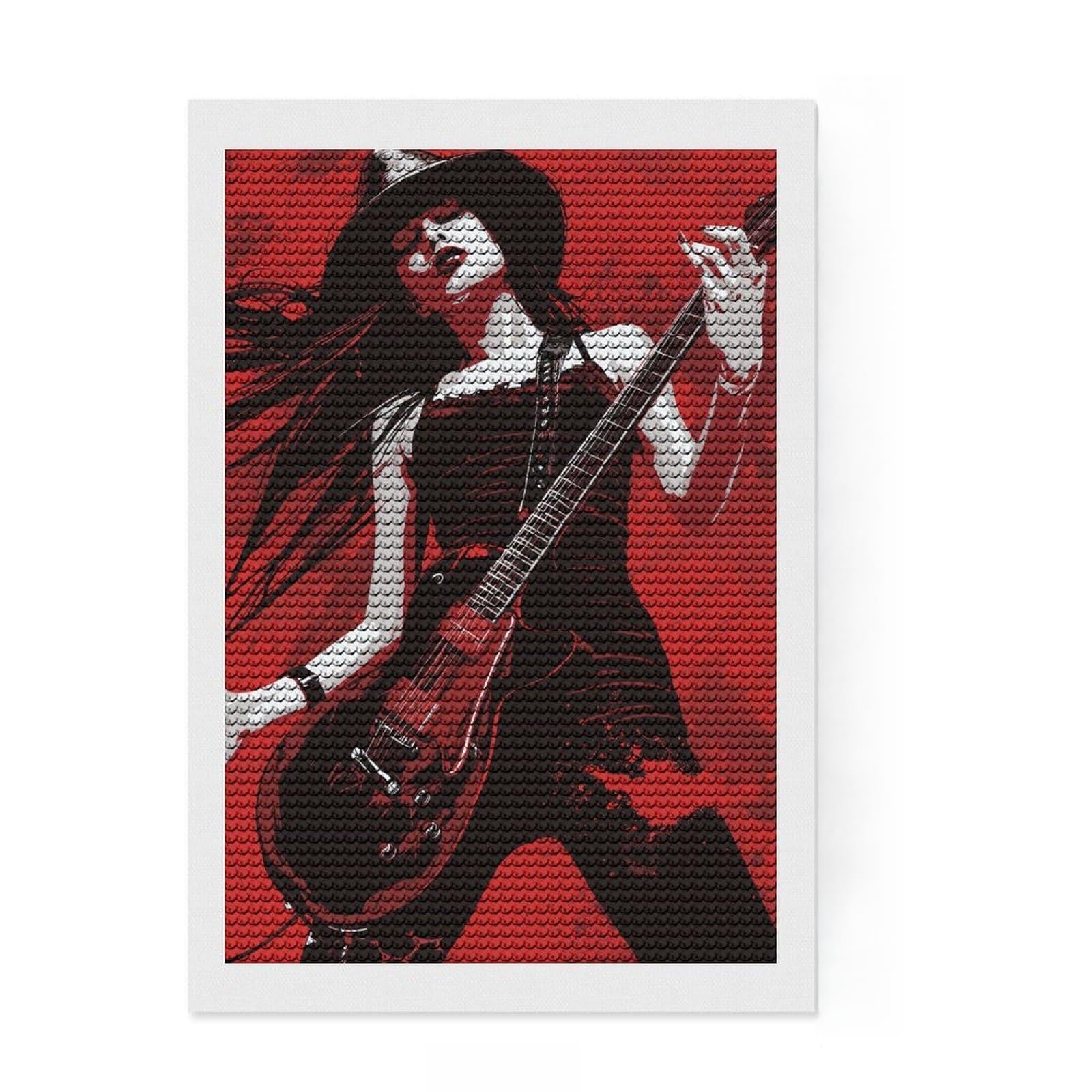 Junmoney Rockstar Woman with Electric Guitar Round Drill Diamond Painting 8"x12", for Adults, Stress Relief Craft, Artistic Hobby, Aesthetic Room Decor