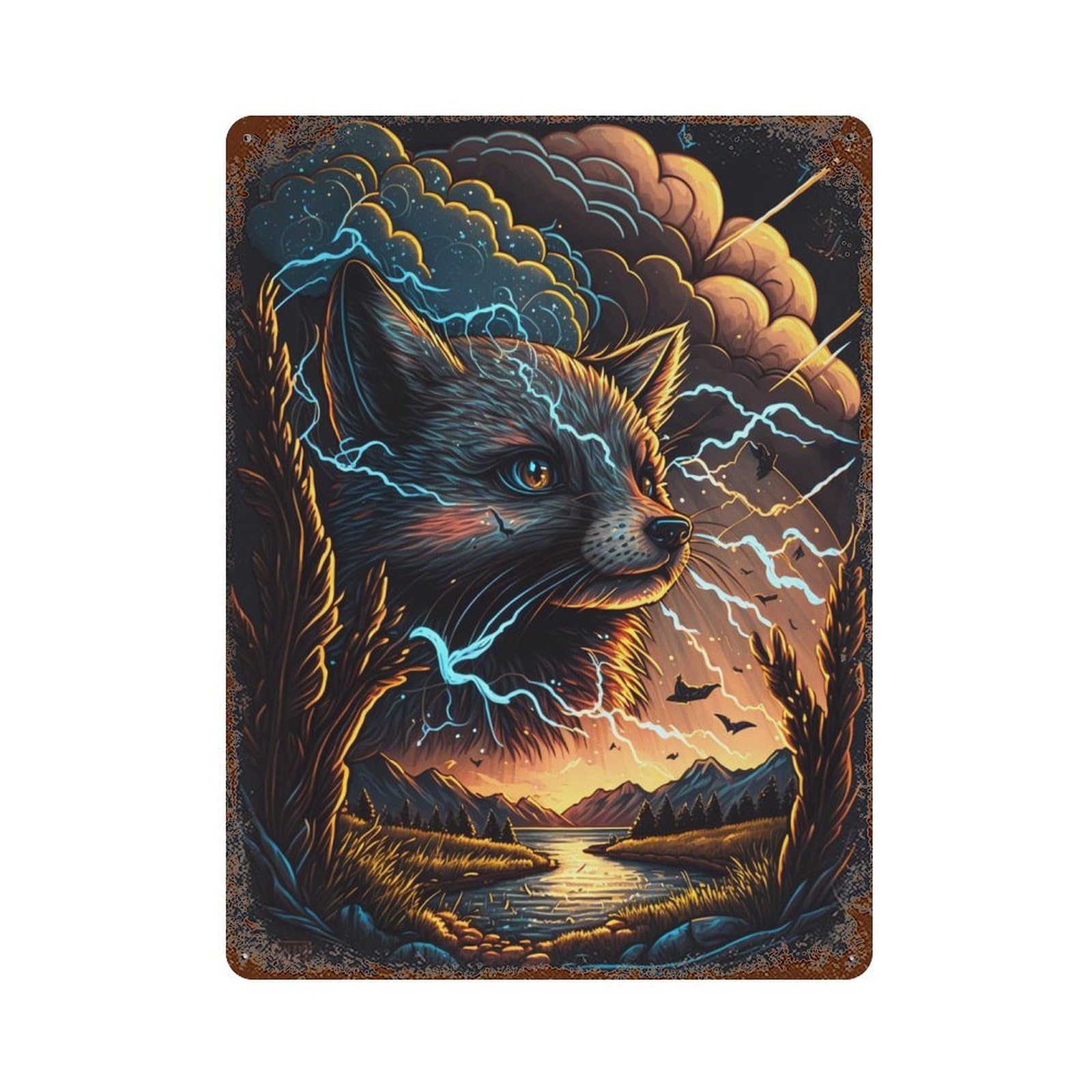 Rust Effect Fox Spirit Lightning Storm -1 Aged Metal Wall Plaque 15.7"x11.8", Shabby Chic Decor for Living Room, Hallway And Home Decor