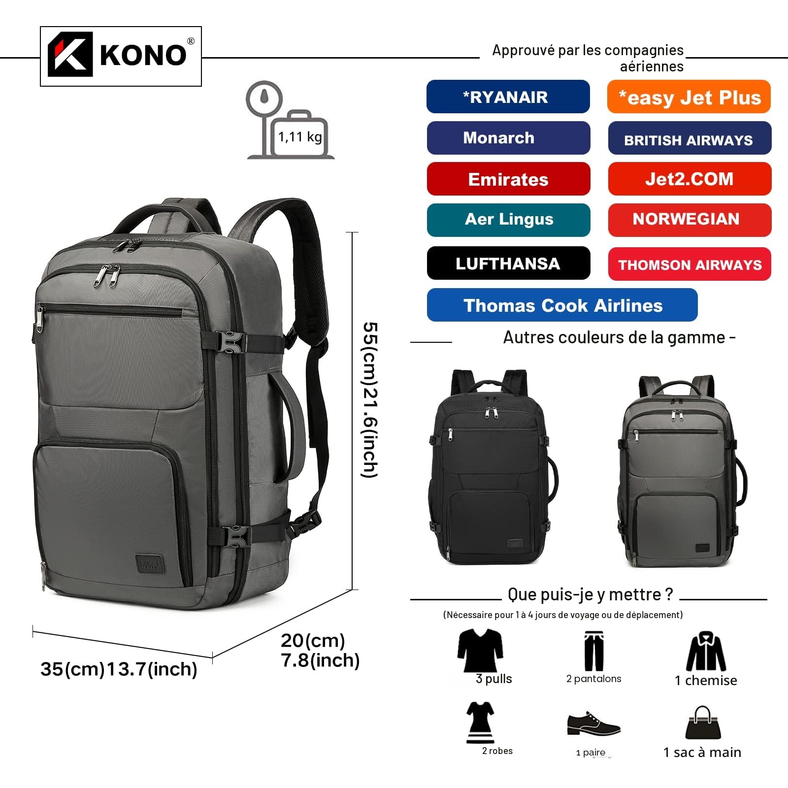 Kono Sac à Dos Cabine 38L Robuste Et Résistant, Bagage à Main, Gris | Grande Capacité 38L, En Polyester Résistant à L'Eau - Idéal Pour Les Week-Ends Et Voyages, Solide Et Léger.
