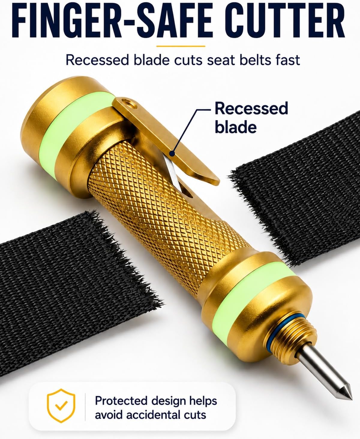 2-in-1 Car Window Breaker Seatbelt Cutter, Spring Loaded Emergency Escape Tool, Underwater Glass Breaker Hammer with Upgraded Tungsten Tip, Glow-in-the-Dark, Metal for Car Safety (Gold)