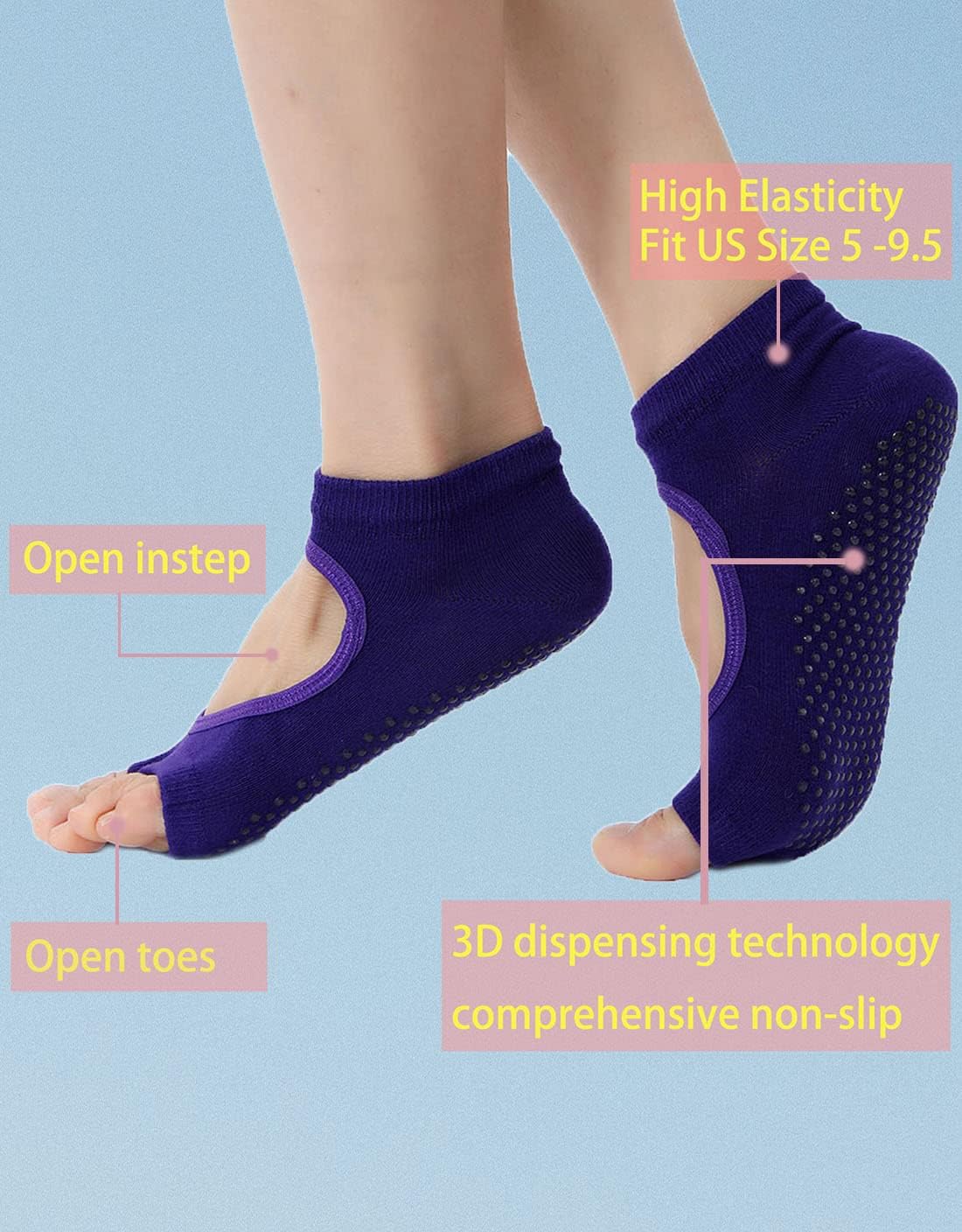 LEMON GIRL 2/3 Pairs Non-Slip Yoga Socks for Women Toeless Pilates Socks Ideal for Yoga Pilates US 5-9.5 - Image 2