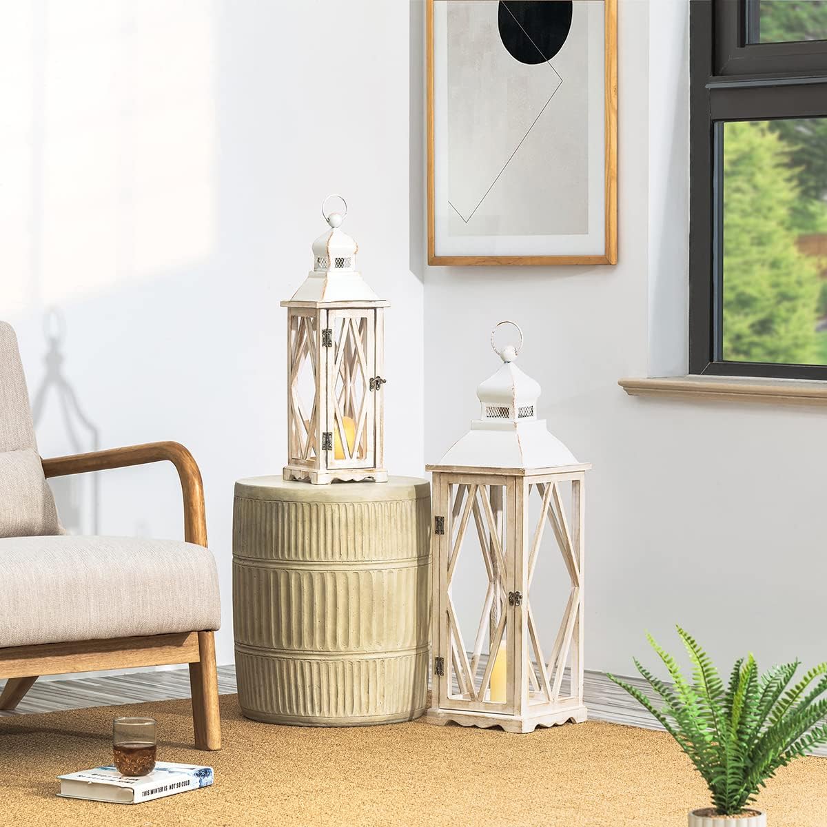 Diamond White Painted Wood Hanging Tabletop Candle Lantern Set