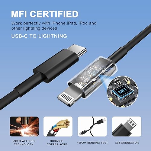 Vista 24 de Cargador rápido para iPhone 11, 12, 13, 14, [certificado MFi], paquete de 2 cargadores de iPhone de 20 W, bloque rápido con cable USB-C a Lightning