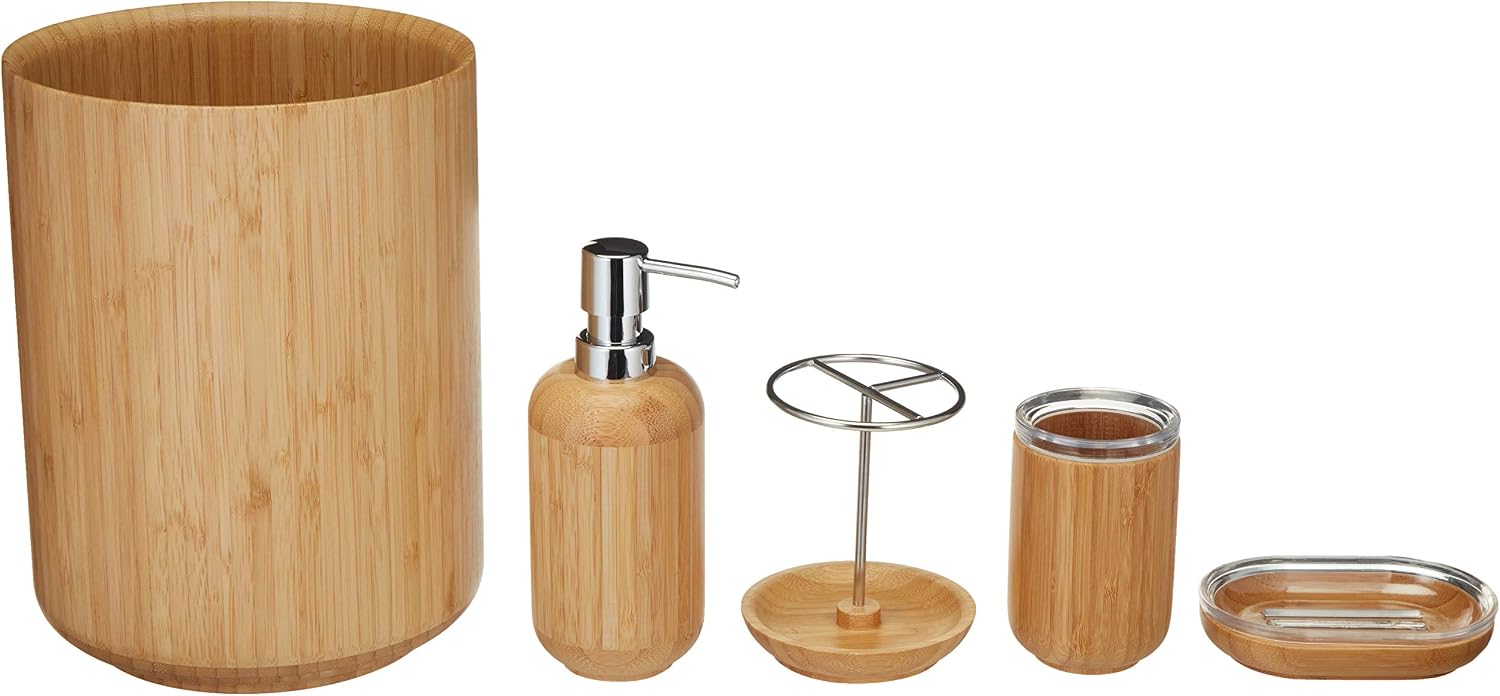 Amazon Basics 5-Piece Bamboo Bathroom Vanity Accessories Set, Round