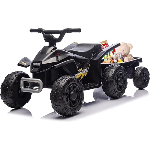 Bobike Kids Ride On Toys,6V Kids ATV Quad with Trailer for Toddlers 3 Year Old+, Electric Ride-On Car w/Wear-Resistant Tires,Music, Forward & Backward for Outdoor Play (Black)