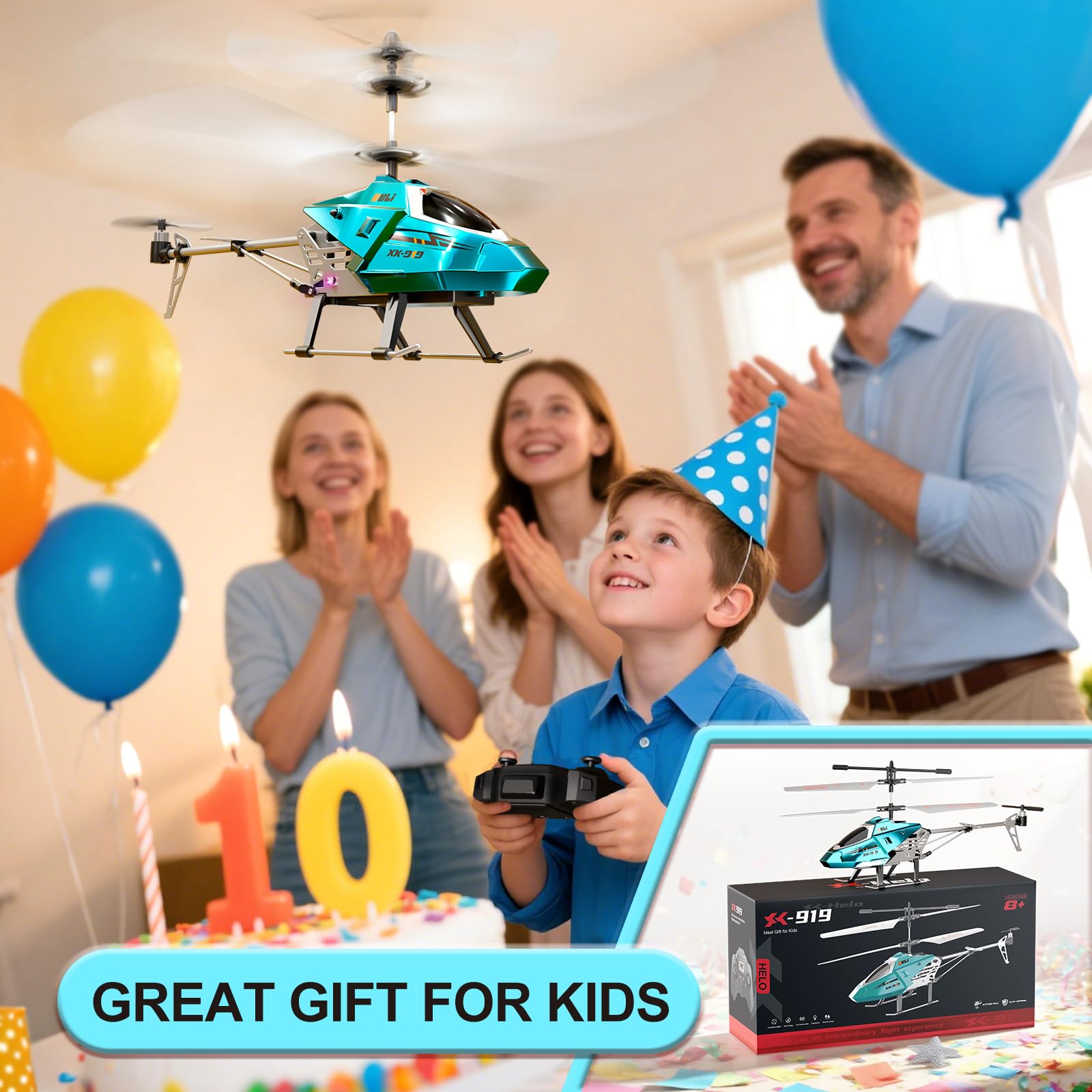XIKOTEC Helicóptero Teledirigido para Niños, RC Helicóptero con 2 Baterías, Mantenimiento de Altitud, Luz LED y 3 Carcasas Metálicas Intercambiables, Avión Teledirigido 2.4GHz para Principiantes