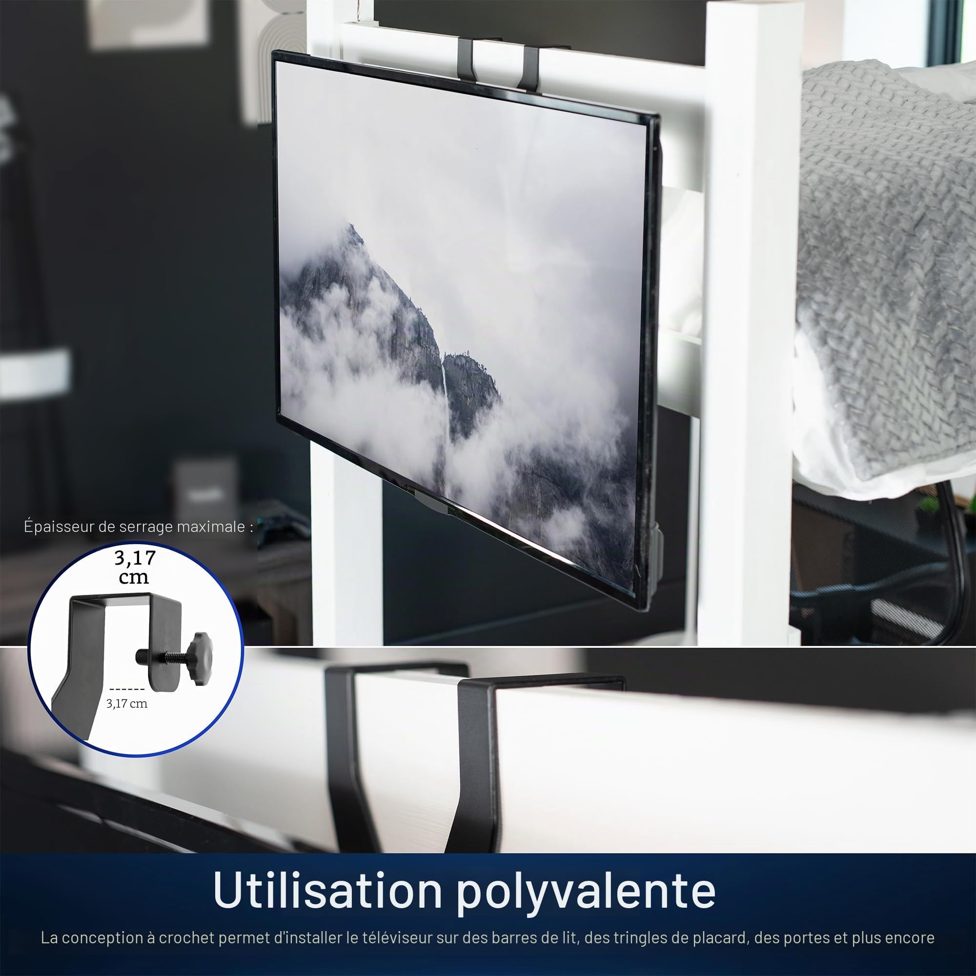VIVO MOUNT-TV01LB Support de fixation pour écrans plats et incurvés de 24 à 55", en acier léger, barre transversale réglable en hauteur, pour lit mezzanine, porte fine, VESA max 400 x 400, noir
