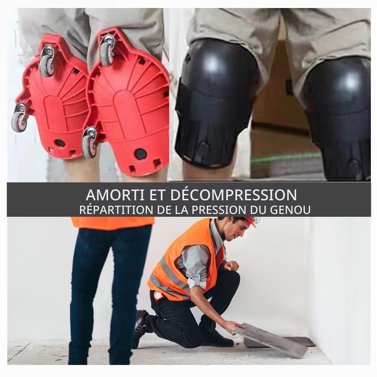 Protège-genoux roulant 2 pièces avec molettes Économiseur de main-d'œuvre pour pose de carrelage avec roue et sangle réglable（rouge）