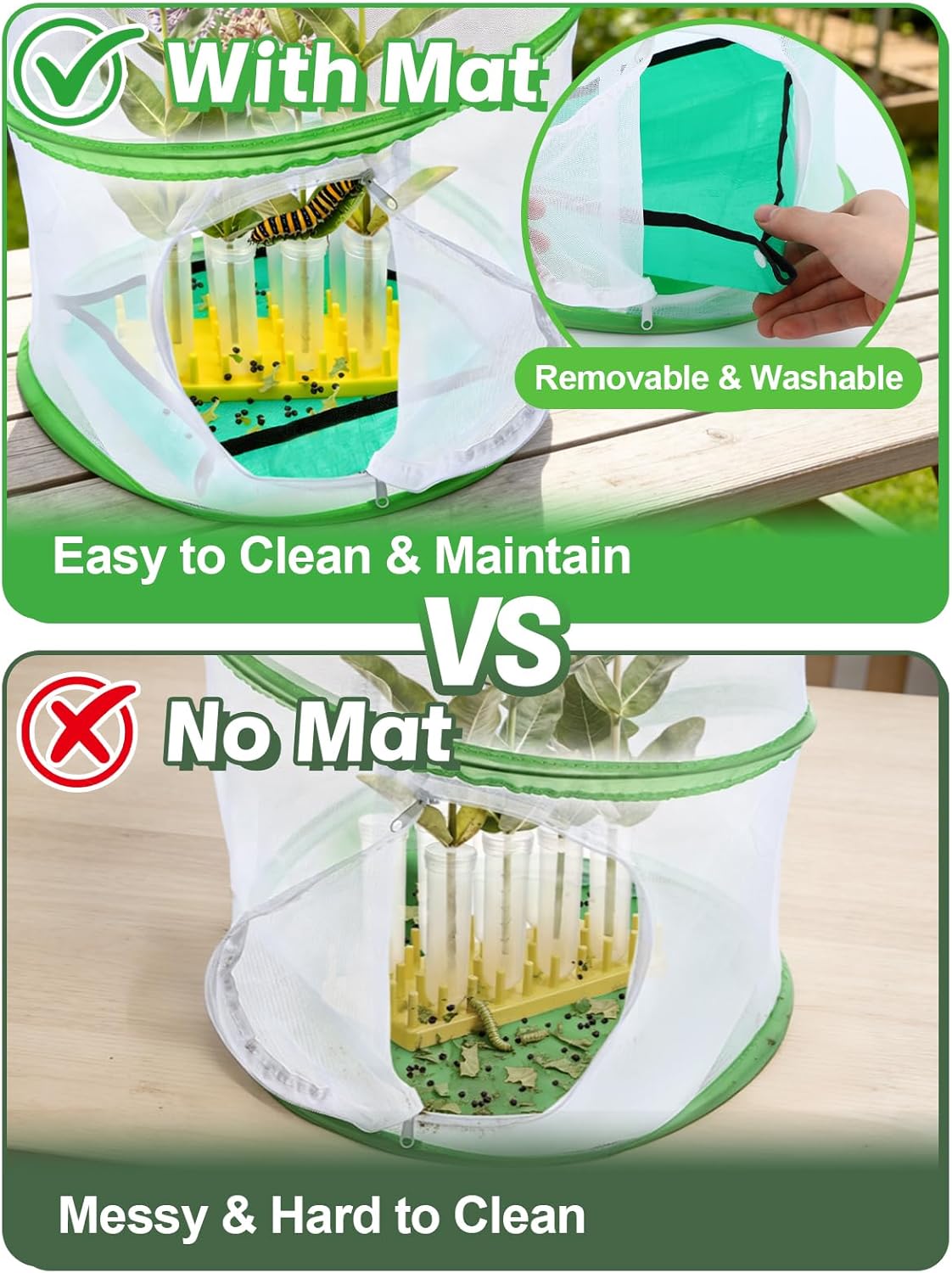 Pop-Up Butterfly Habitat Kit with Waterproof Mat & Milkweed Tubes - Collapsible Easy-Viewing Mesh Butterfly Growing Cage Enclosure Kit for Monarch Caterpillars, STEM Learning for Home, Classrooms