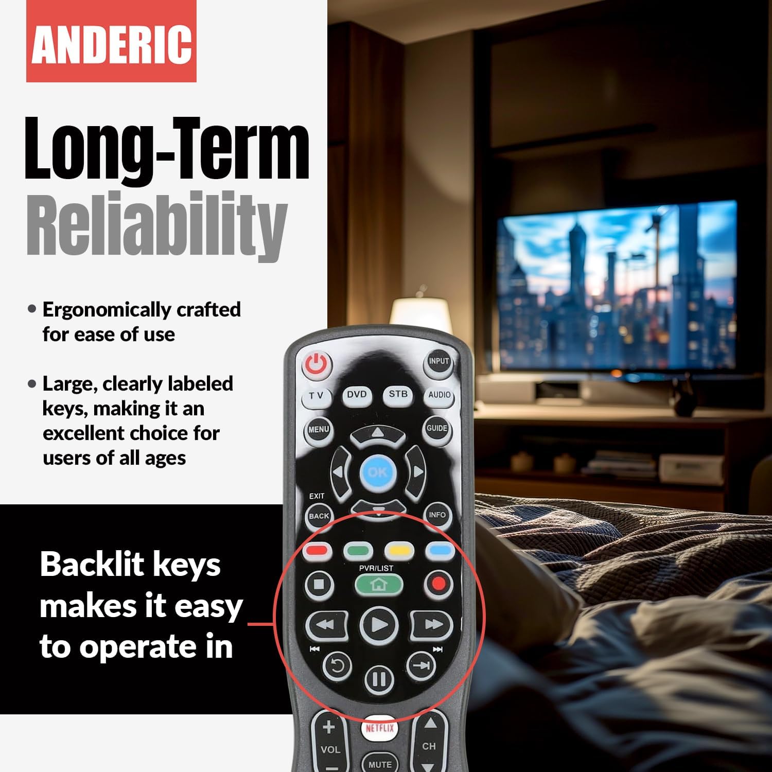 4-in-1, 4-Device IR Universal Remote Control with Macro, Learning, Backlit, Netflix Apps Keys for All TVs, Streaming Players, BluRay Player, Audio, Cable, Roku, Apple TV and More - Anderic RRU401