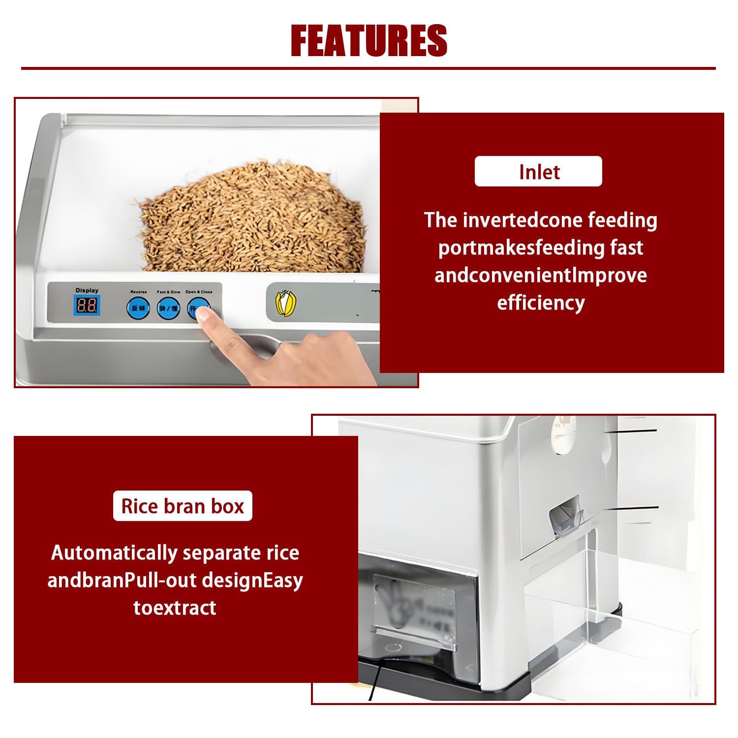Sheller per cereali da 500 W, manopola di regolazione per lucidatura del riso (0-270 gradi), 30 kg/h, alta capacità, design durevole, a basso rumore, per riso, grano e riso integrale