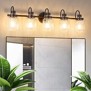 5 Lights Hammered Glass Bathroom Vanity Light, Oil Rubbed Bronze