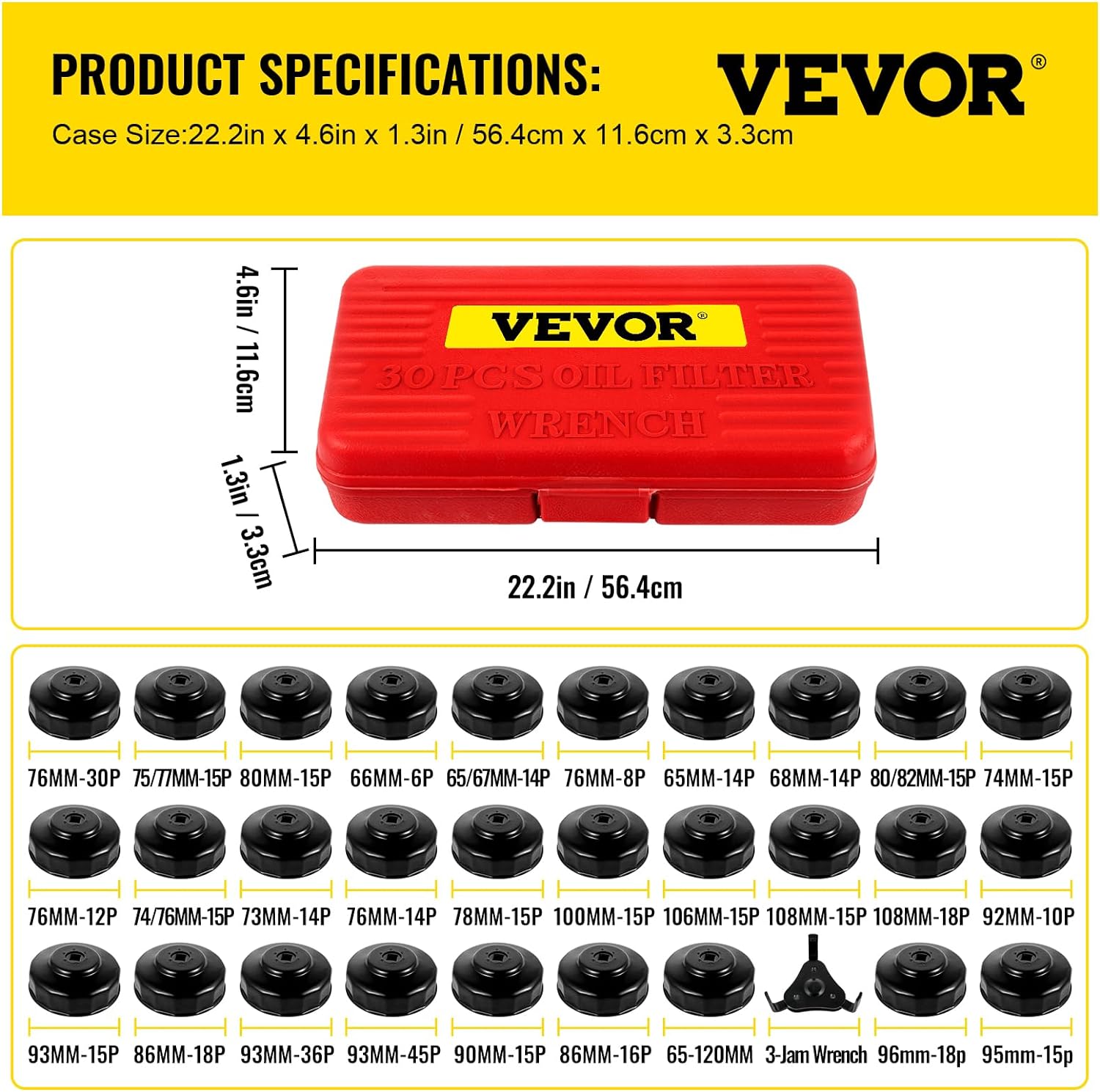 VEVOR Oil Filter Socket Set, 30 Pcs, Steel, Black, 3-Jam Wrench