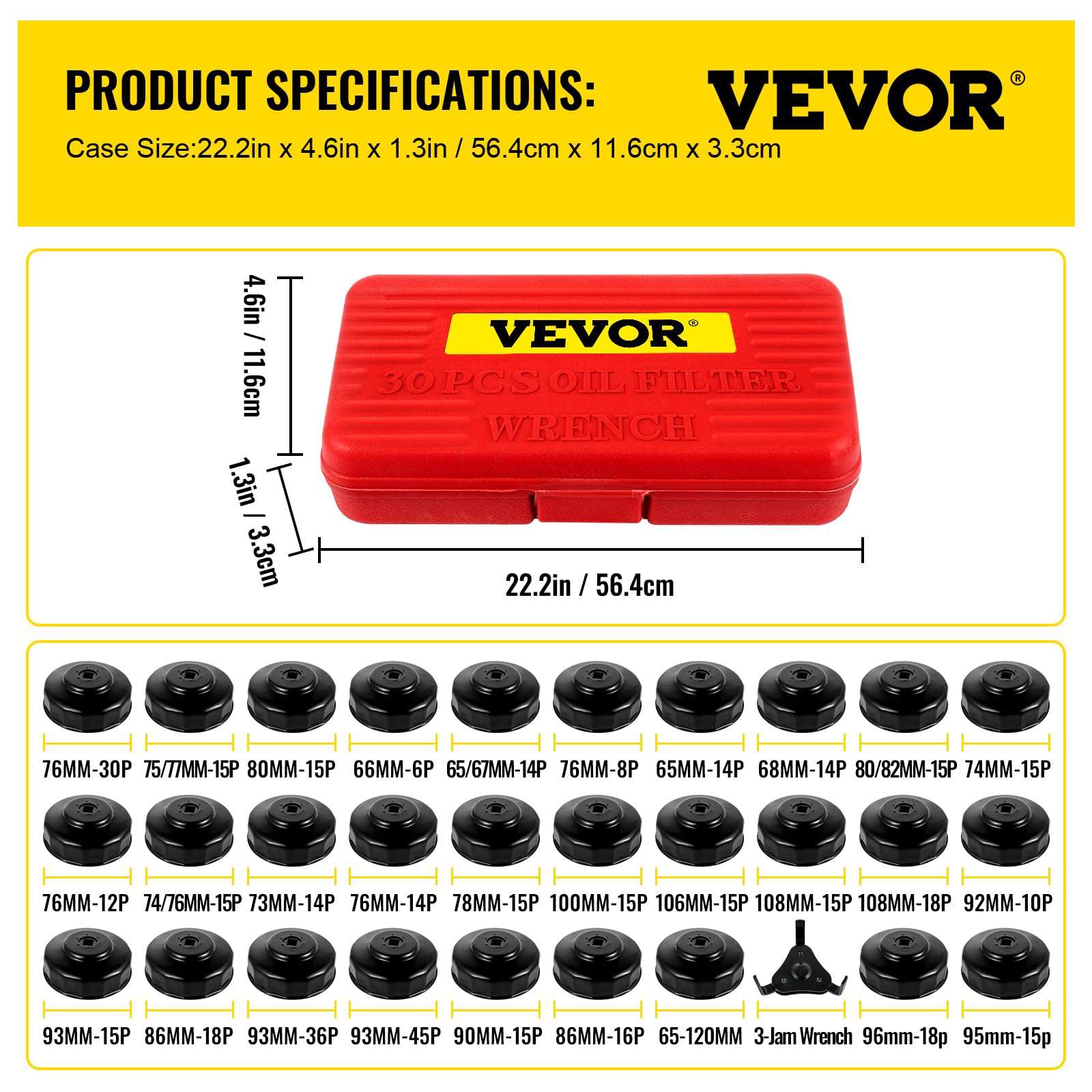 VEVOR Set di Chiavi a Tazza per Filtro Olio 30 Pezzi Set di Chiavi per Filtro Olio in Acciaio Testa 3/8 Pollici, Set Chiavi per Filtro Olio Auto Rimozione Filtro Olio 30 Pezzi in Valigetta Portatile
