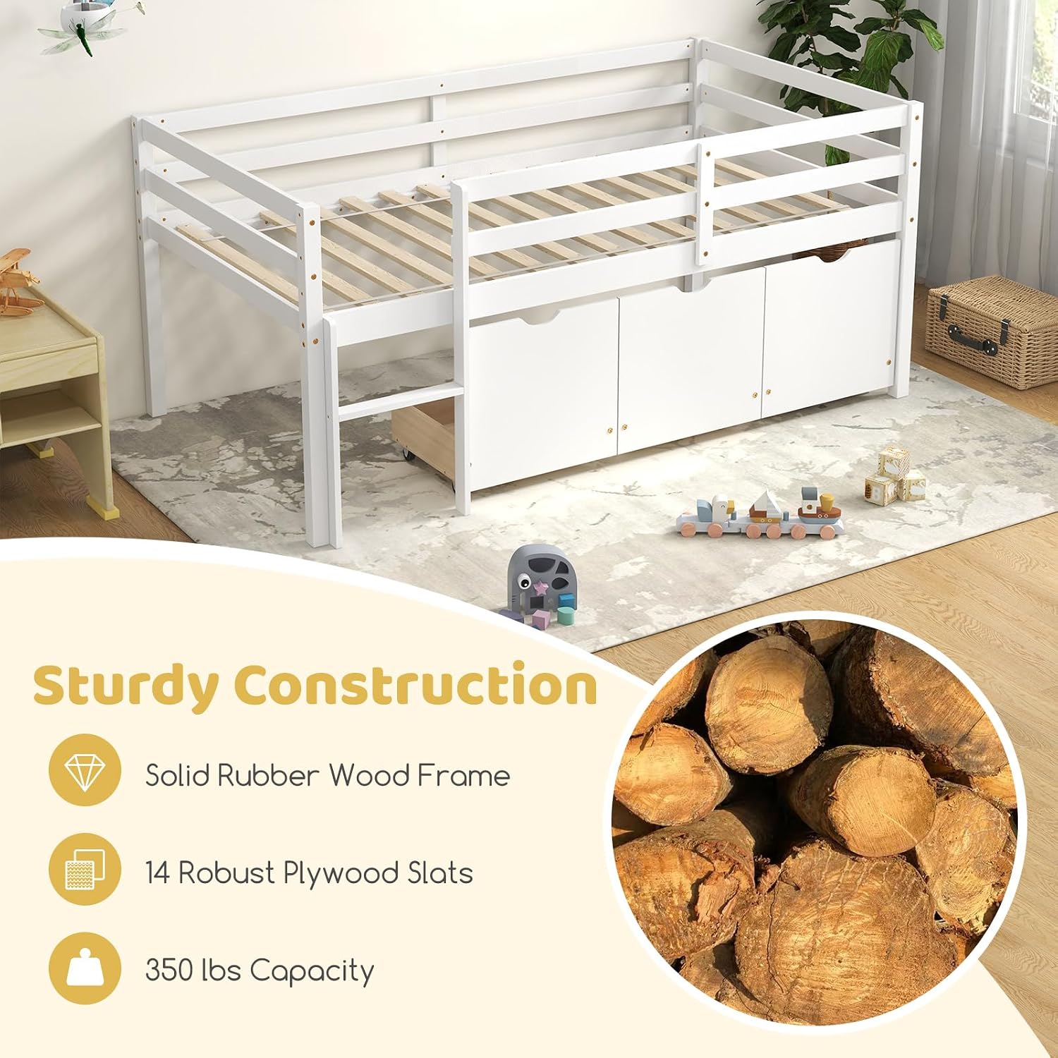 KOMFOTT Twin Low Loft Bed with 3 Storage Drawers, Wood Platform Bed Frame with Safety Guardrail & Ladder, Loft Bed Frame for Boys Girls & Junior, No Box Spring Needed (White)