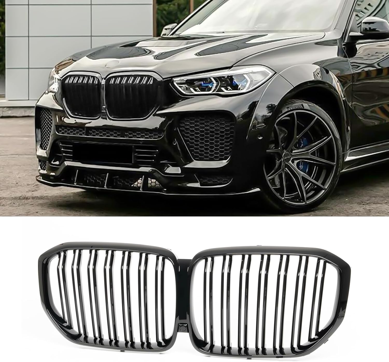 KHK Front Grill Compatible with BMW X5 E70 X6 E71 2007-2014, Gloss Black ABS Automotive Replacement Single Slat Kidney Front Grille Upgrade Grille
