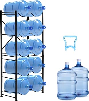 5 Gallon Water Bottle Holder for 10 Bottles, 5 Tier Double Row Water Jug Rack with Detachable Heavy Duty Metal Frame, Space Saving Water Jug Stand for Office, Kitchen, Garage, Gym, and Restaurant