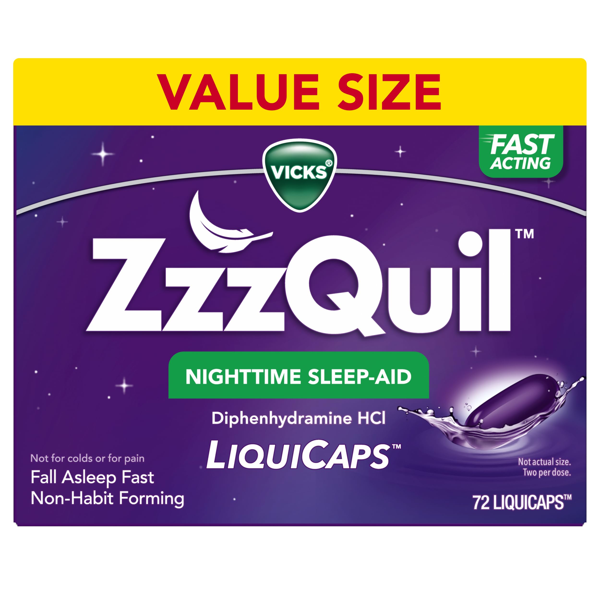 ZzzQuil LiquiCap Sleep Aid, Diphenhydramine 25mg HCl, Sleep Aids for Adults, Nighttime Sleep Aid, 72 LiquiCaps