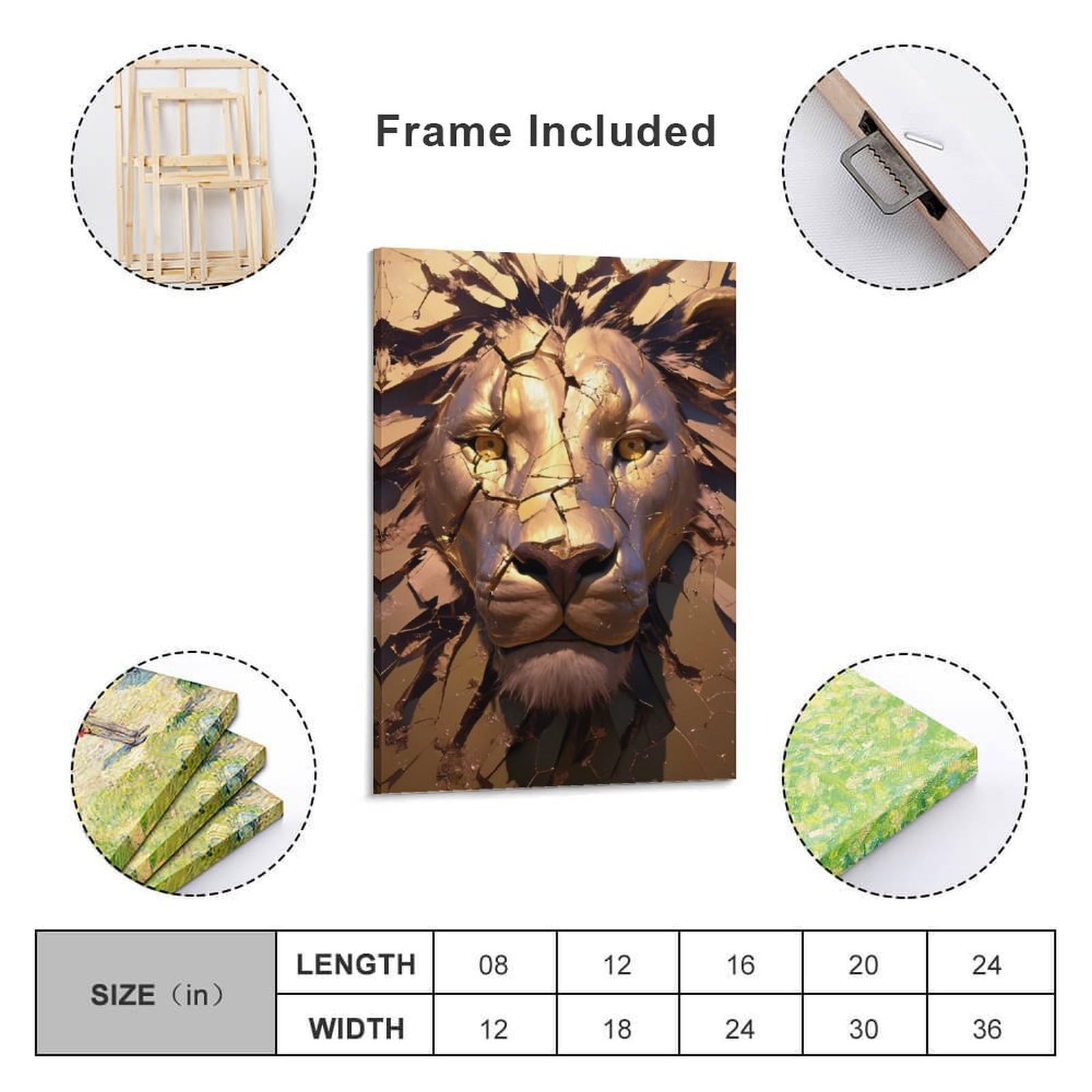 Junmoney Leinwand Wandbild Golden Lion Head with Cracks, 16x24inch(40x60cm), Für Wohnzimmer, Flur Oder Schlafzimmer, Wohnakzent Mit Ruhiger Ausstrahlung