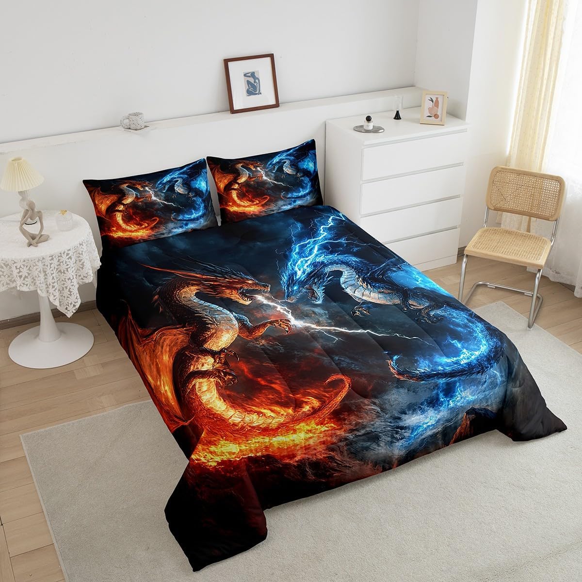 Feelyou Dragon Comforter Set Toddler Size Dragon Stuff Comforter Wild Life Bedding Set Thunder and Lightning Duvet Set Room Decor Blue Orange Quilt Set