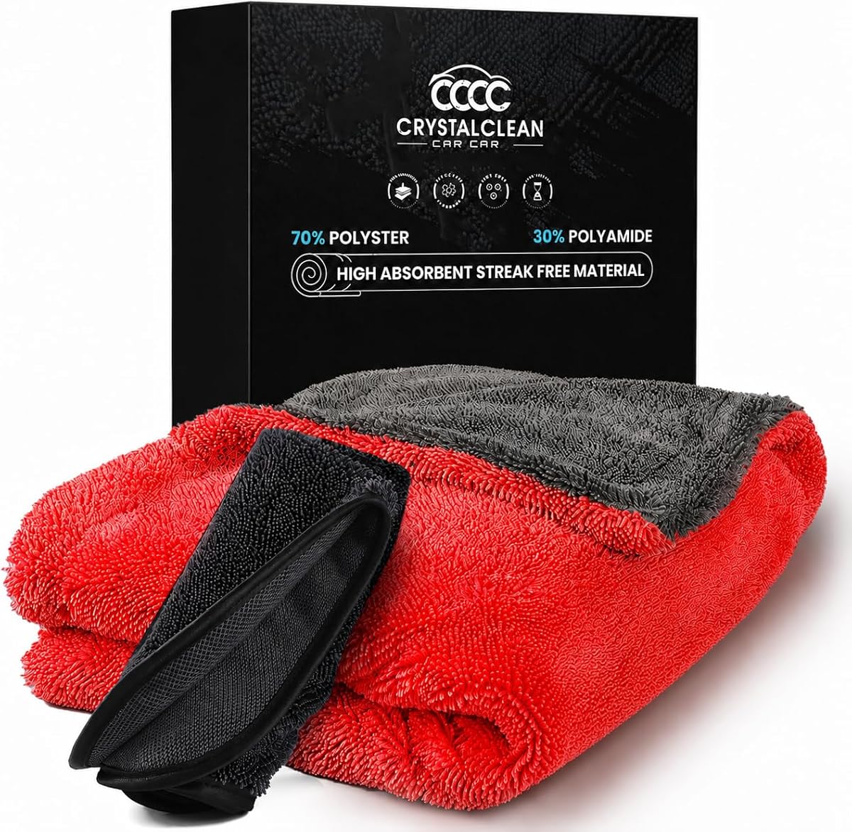 Crystal Clean 1300GSM Microfiber Towels for Cars – XL Drying Towel with Double Twisted Loop, Professional Detailing Towel Car Detailers - Quick Dry, Paint Safe & Swirl-Free (Grey+Red)