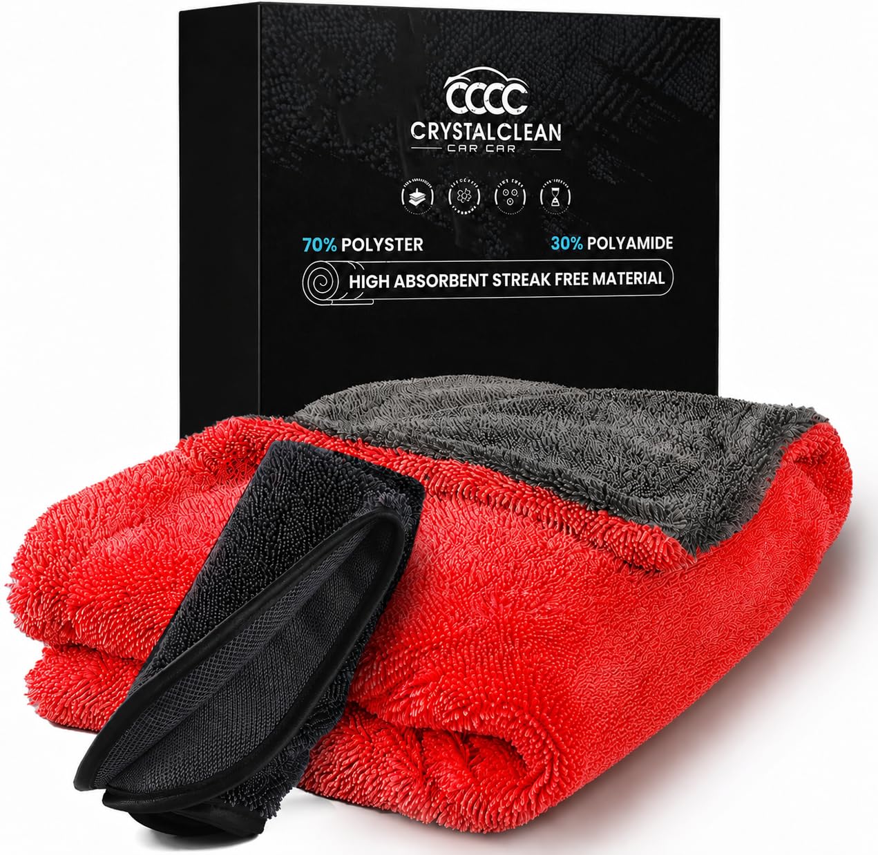 Crystal Clean Car Care Grey+Red Microfiber Towels For Cars - 1300Gsm X Large Size Double Twisted Loop 2Pcs - 70/30 Blend Quick Dry High Absorbent Edgeless Streak Free - Car Drying Towel For Detailing 24X36″ & 12X12 (Grey+Red)