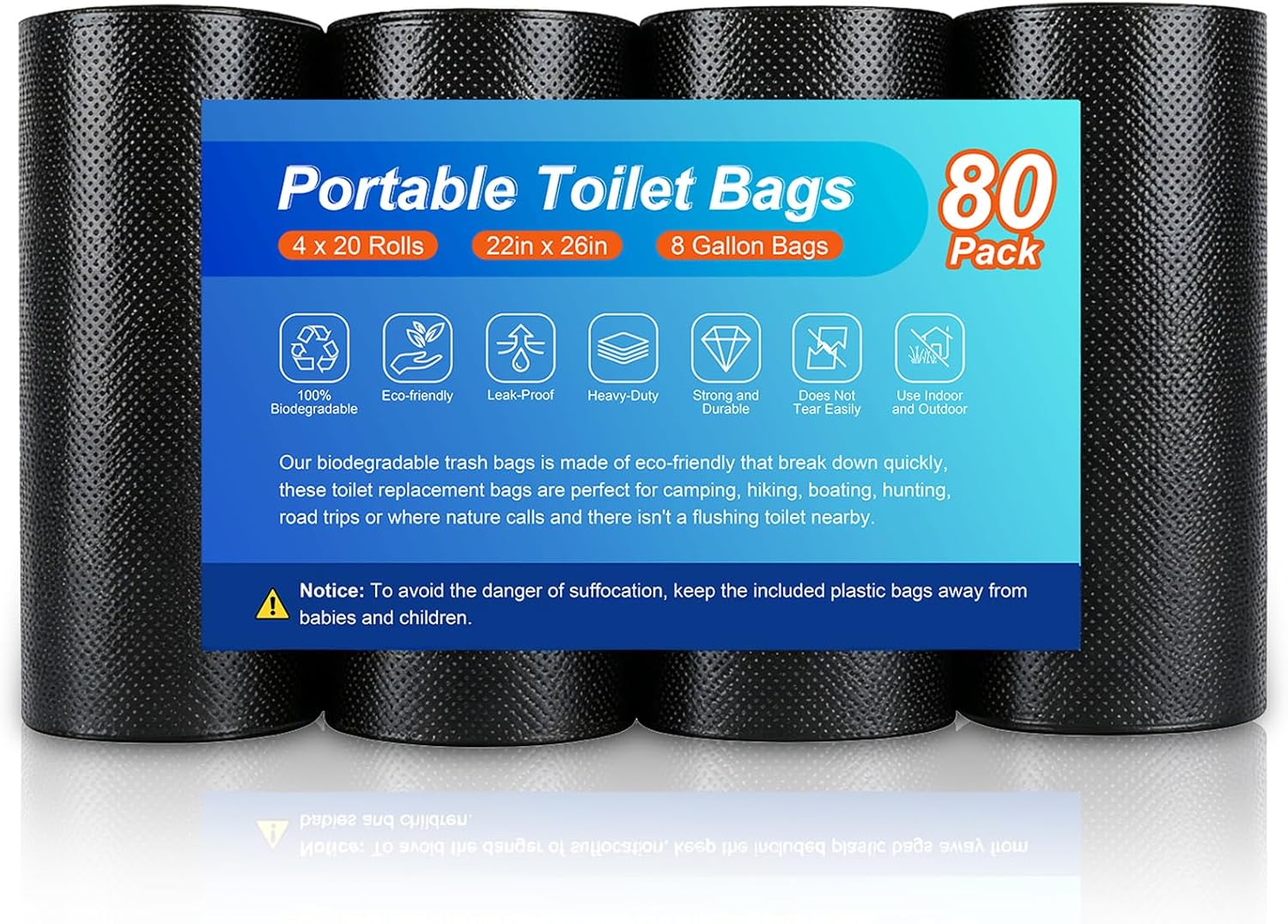8 Gallon Trash Bags, Biodegradable Thickened Portable Toilet Bag, Heavy Duty Leak-Proof Black Garbage Bags for 5-8 Gallon Bucket Seat, Compostable Waste Bag for Camping, RV and Kitchen