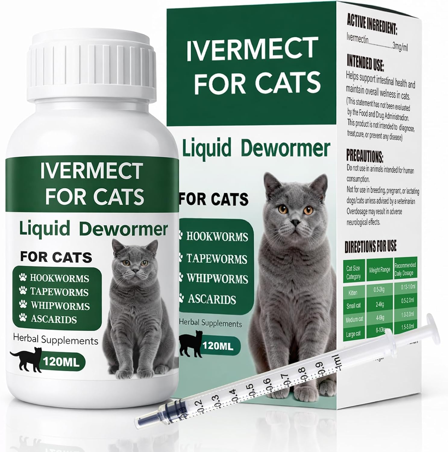 Liquid Dewormer for Cats - Gentle Digestive Care, Broad Spectrum Support for Tapeworms, Roundworms & Hookworms, 120ml