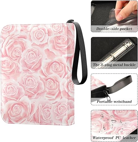 Miniatura 4 de Fundas para tarjetas de tres anillos con diseño de flores rosas rosadas, álbum de tarjetas coleccionables con 400 ranuras, ideal para varias